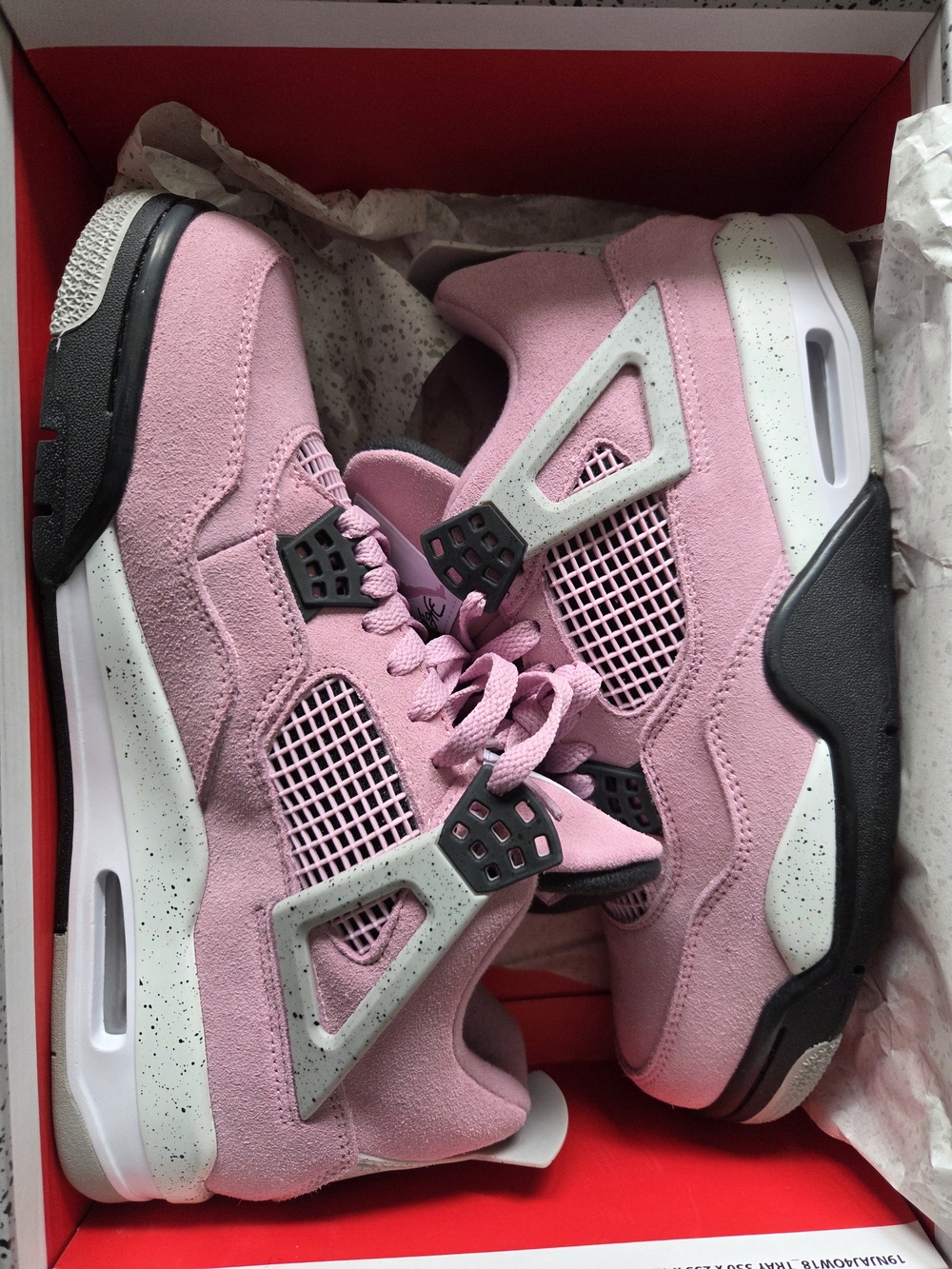 Jordan 4 Pink Suede Sneakers with Black and Gray Accents